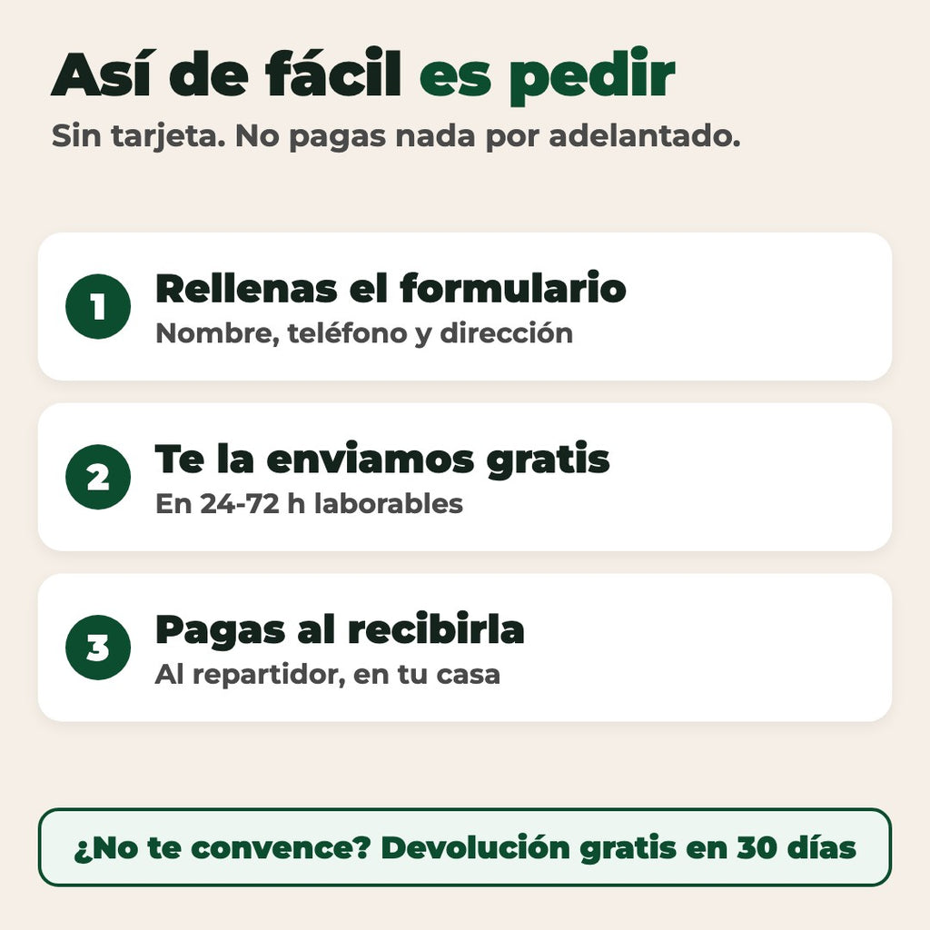 Cómo pedir: rellenas el formulario, te la enviamos gratis y pagas al recibirla